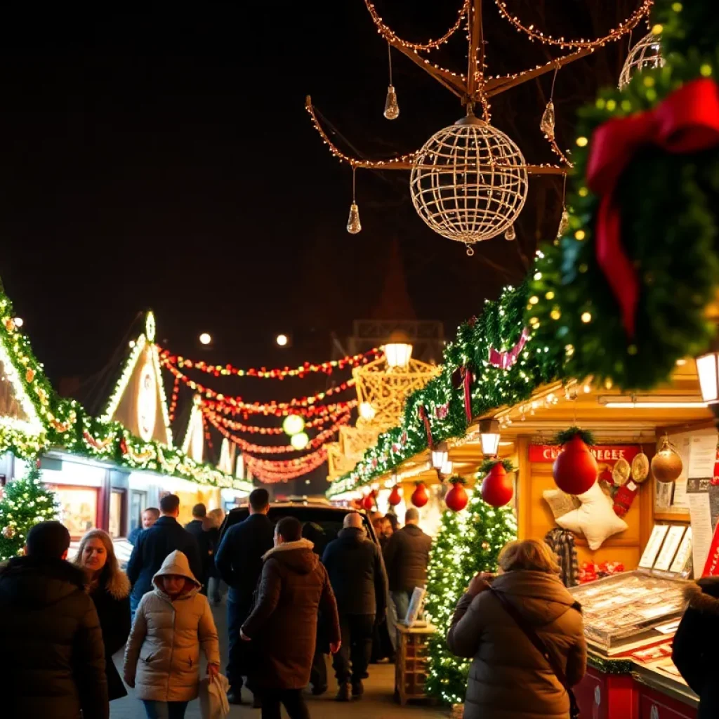 A festive Christmas market in Magdeburg with decorations and the community gathering, showing resilience after a tragic event.