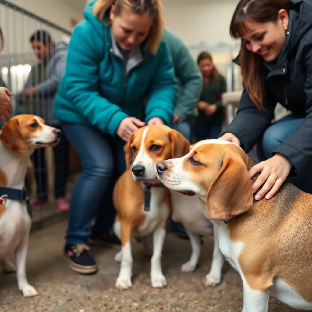 Community members interacting with beagles for adoption