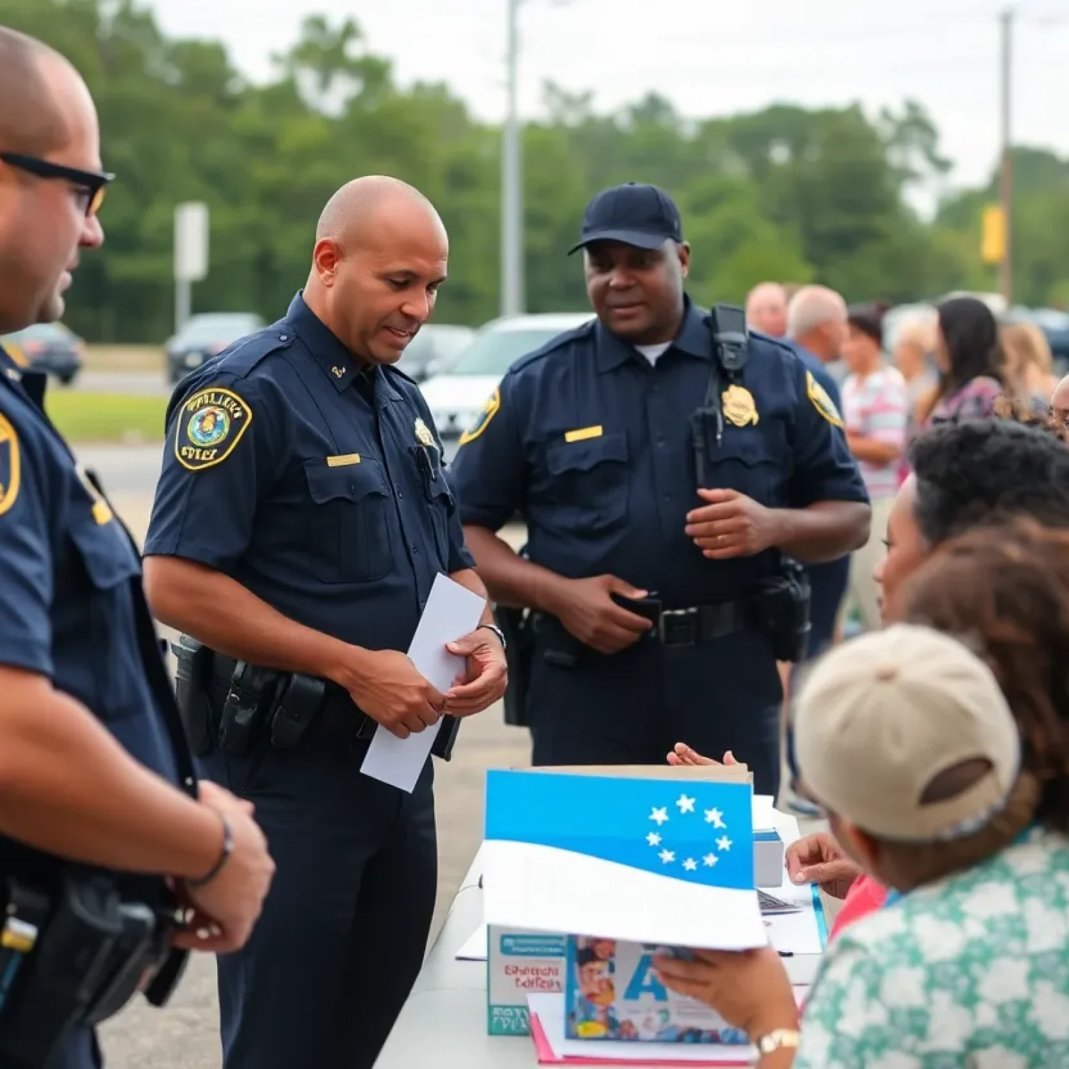 Police officers engaging with members of the Greenwood community