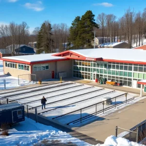 Renovated crew facilities at Lander University during winter