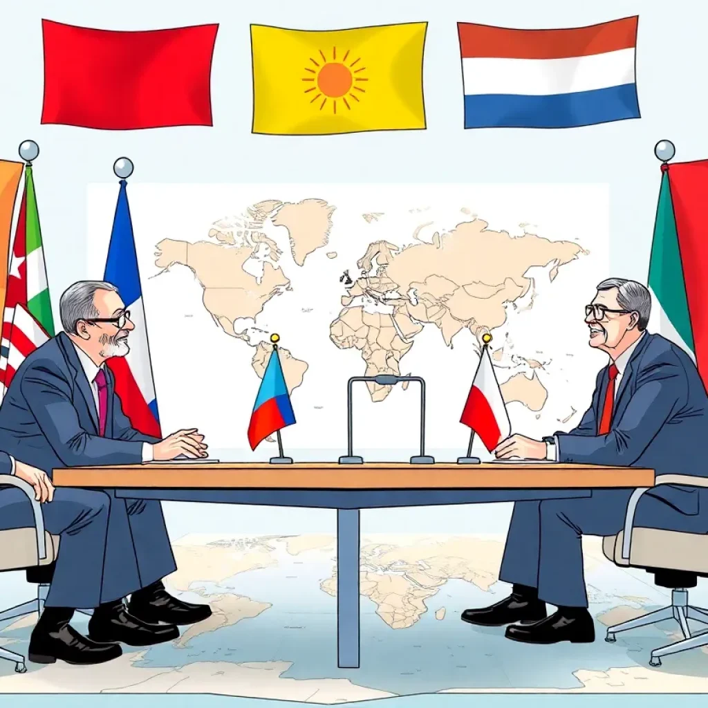 A scene depicting diplomatic discussions with humor and international flags.