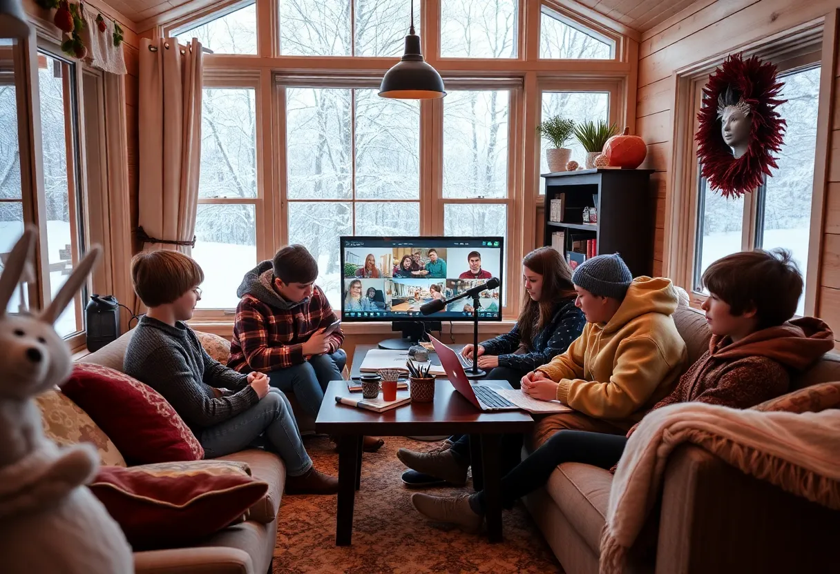 Students participating in an online class during a winter storm