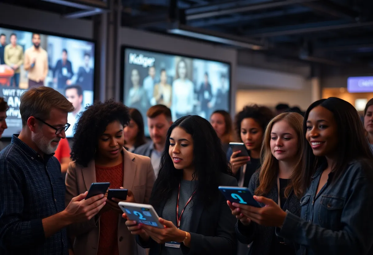 Group of diverse people engaging with digital marketing content and storytelling