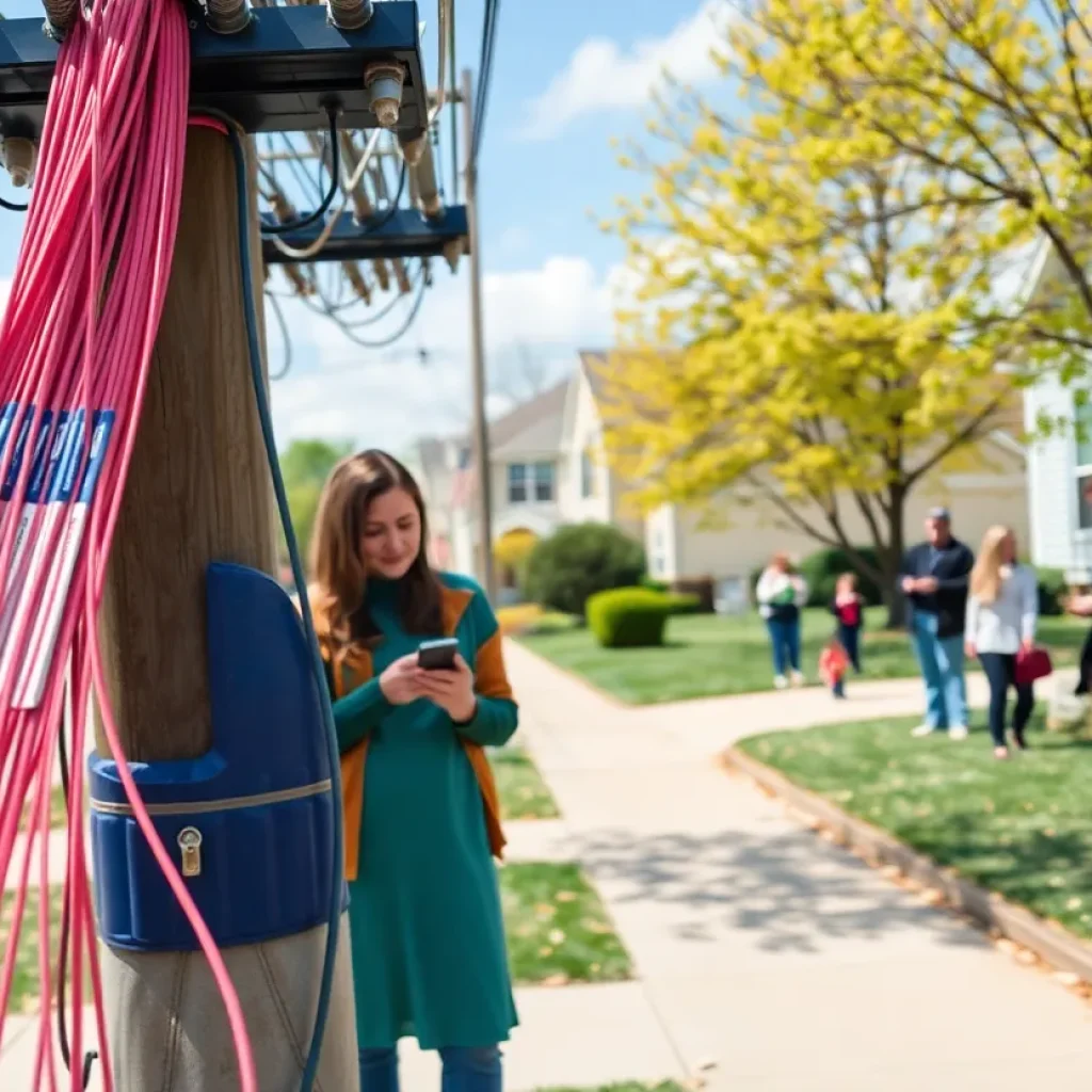 Installation of fiber-optic cables in a suburban neighborhood