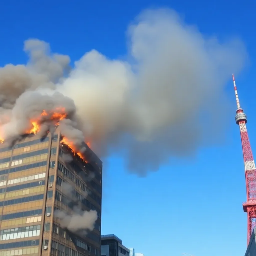 Fire engulfing a commercial building near Tsutenkaku Tower in Osaka