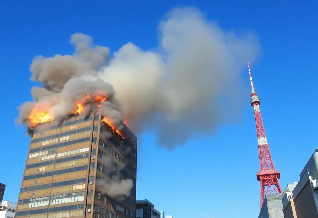 Fire engulfing a commercial building near Tsutenkaku Tower in Osaka