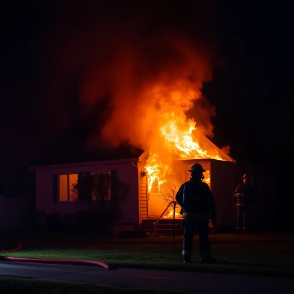 Firefighters battling a house fire in Seymour, smoke rising against the night sky.