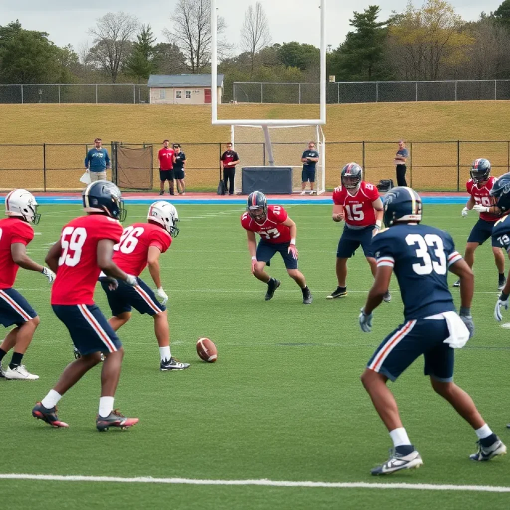 Football players practicing on the field