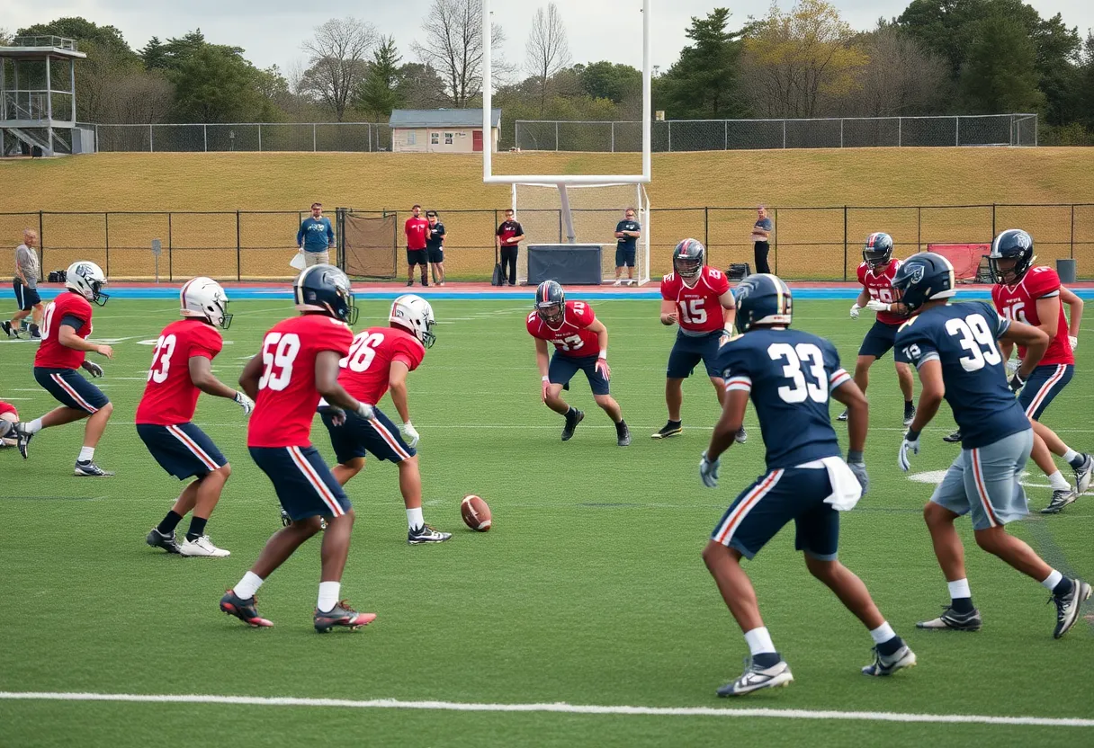 Football players practicing on the field