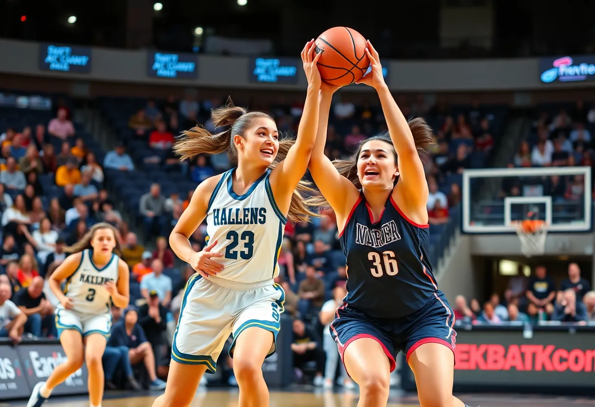 Action-packed scene of women's college basketball game featuring athletes in motion with a lively crowd