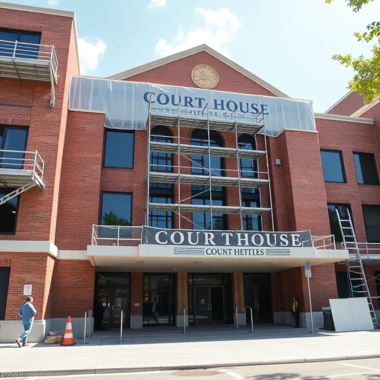 Renovation of Greenwood County Courthouse with construction workers.