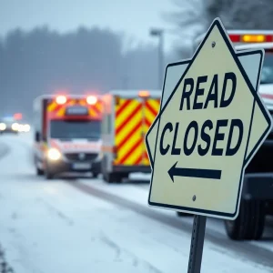 A road closure sign on Bypass 25 amid icy conditions in Greenwood County.