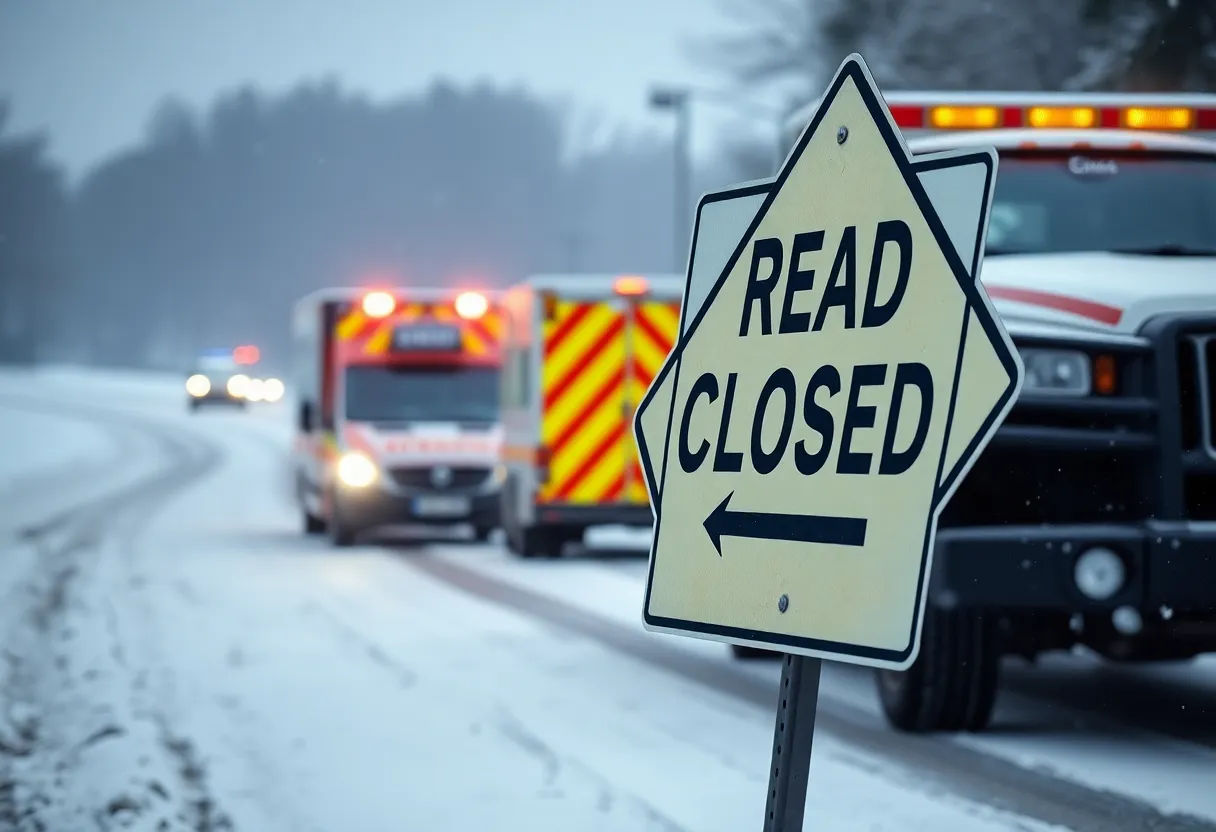 A road closure sign on Bypass 25 amid icy conditions in Greenwood County.