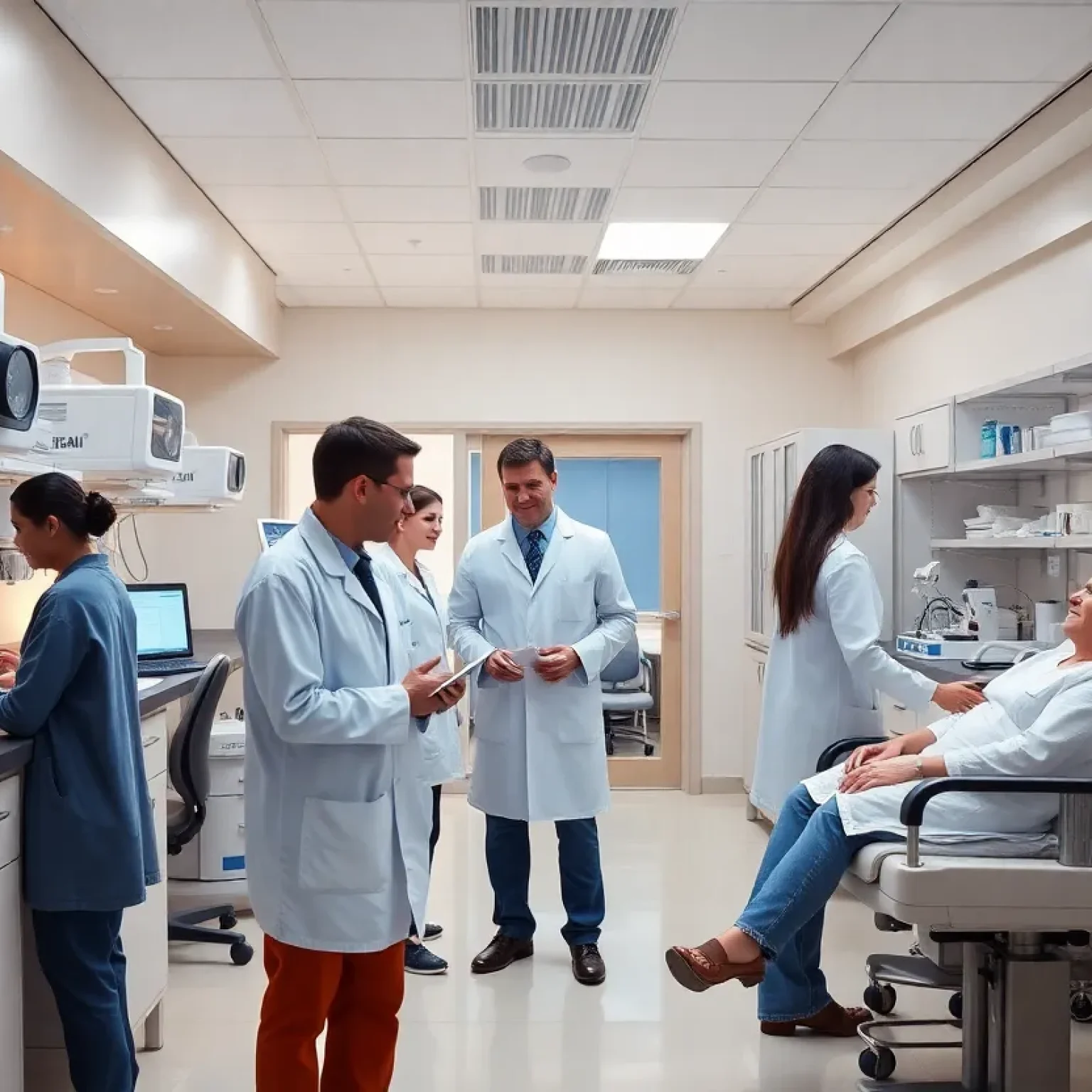 Interior of Greenwood Genetic Center with researchers and patients