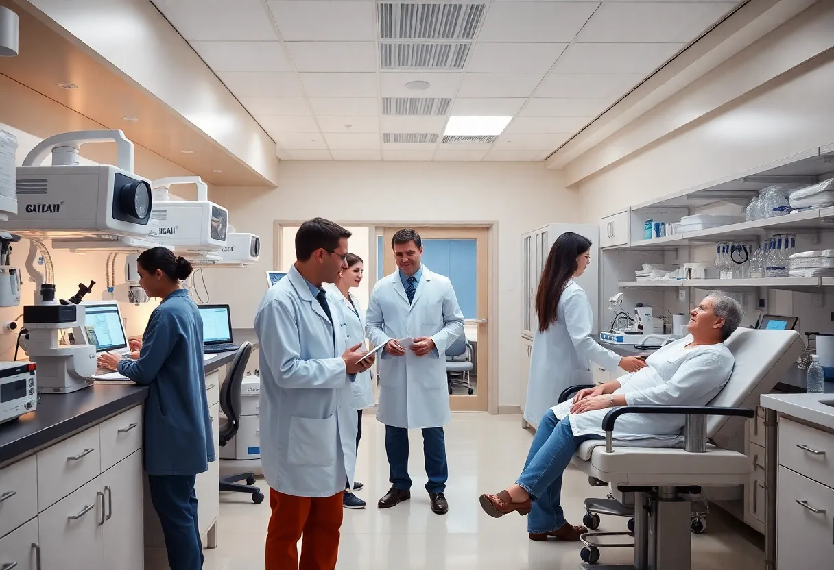 Interior of Greenwood Genetic Center with researchers and patients