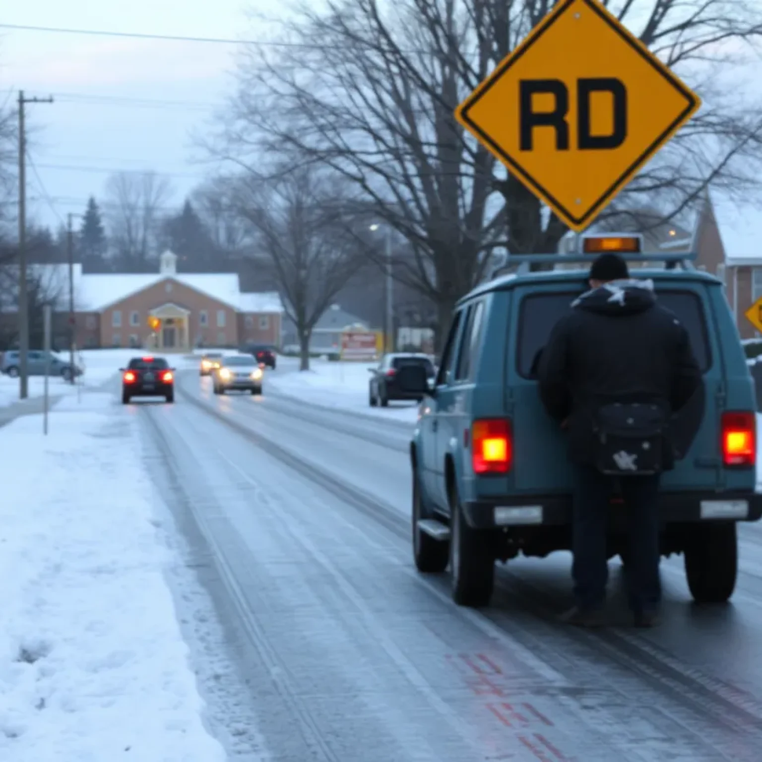 Icy roads in Greenwood, South Carolina, with school buildings and snow-covered landscape.