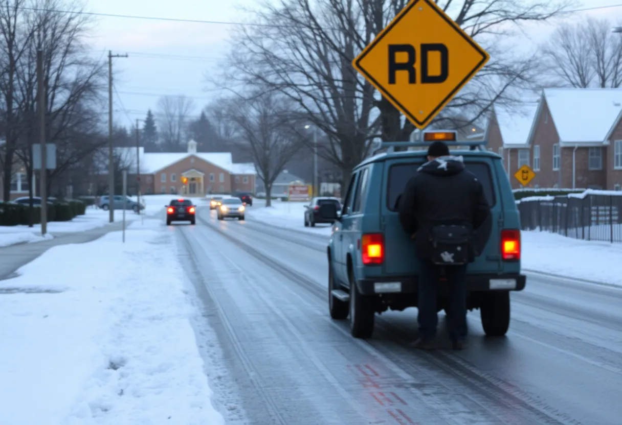 Icy roads in Greenwood, South Carolina, with school buildings and snow-covered landscape.