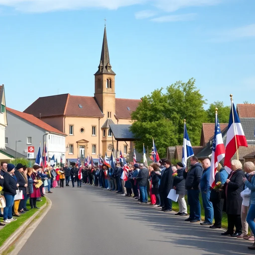 Community members lining the road for Jimmy Carter's funeral procession, showing support with flags and signs.