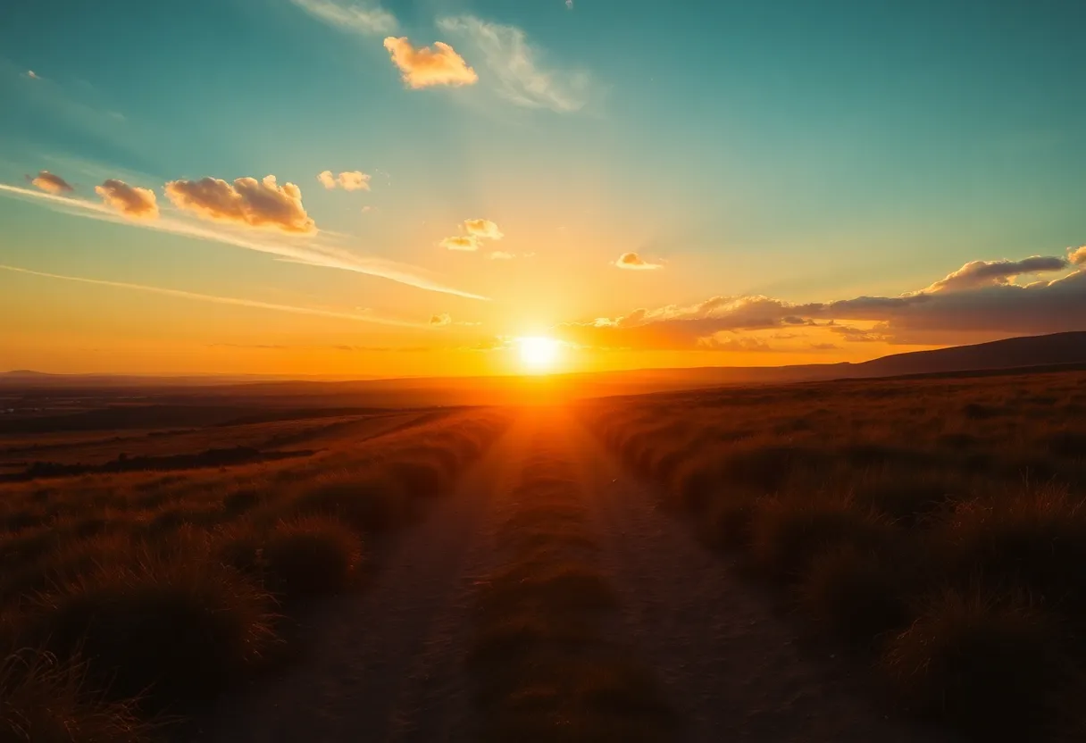 A landscape representing hope and justice, with a sunrise illuminating a path.