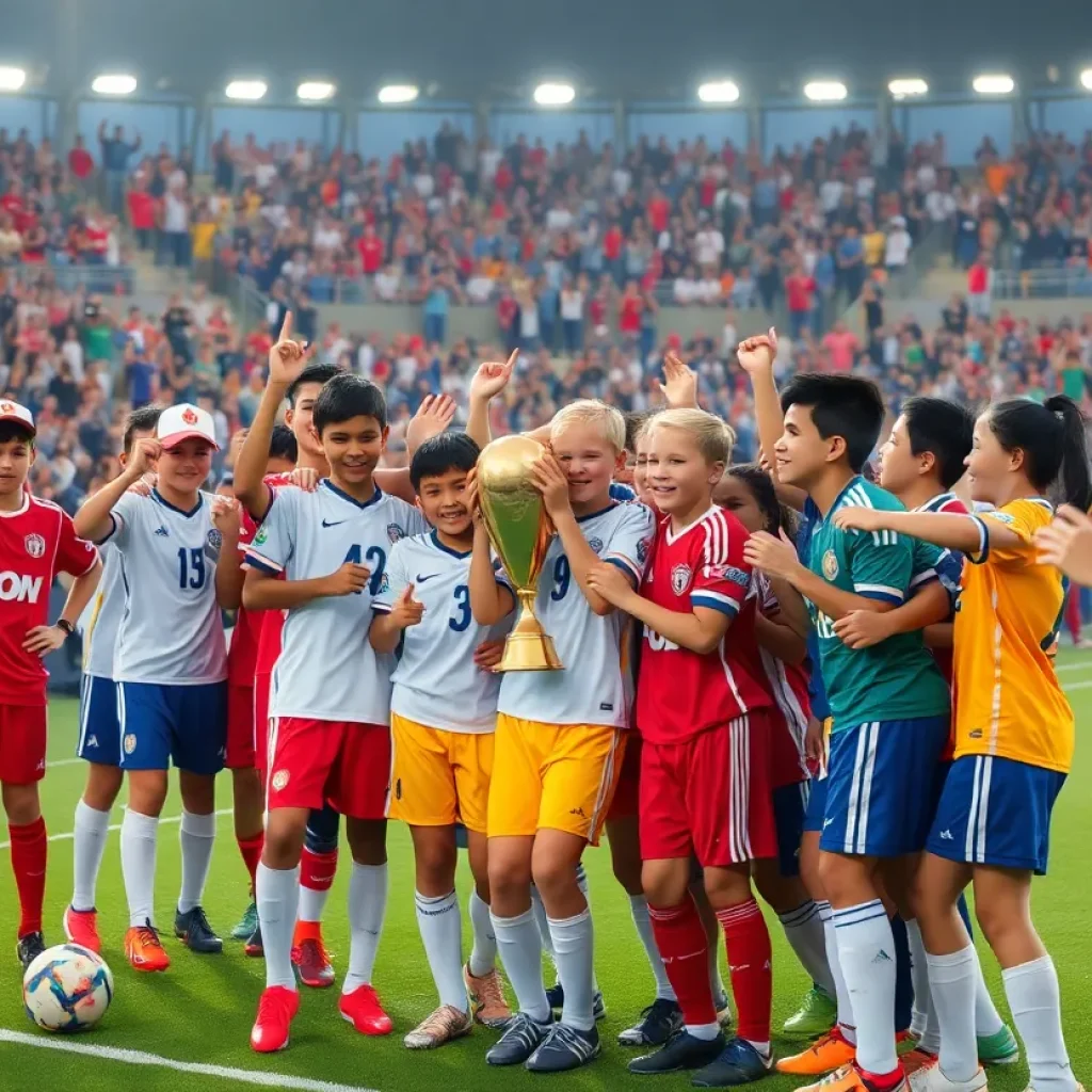 Young soccer players celebrating with a trophy on the field