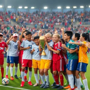 Young soccer players celebrating with a trophy on the field