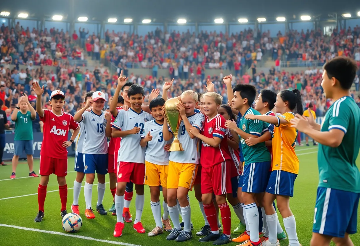 Young soccer players celebrating with a trophy on the field