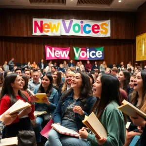 Students celebrating at the launch event of New Voices literary journal at Lander University.