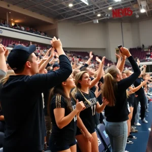 Lander University volleyball team celebrating their victory