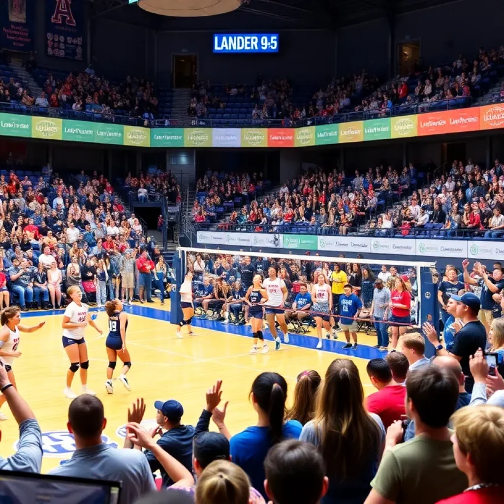 Lander University volleyball team playing in front of a record crowd