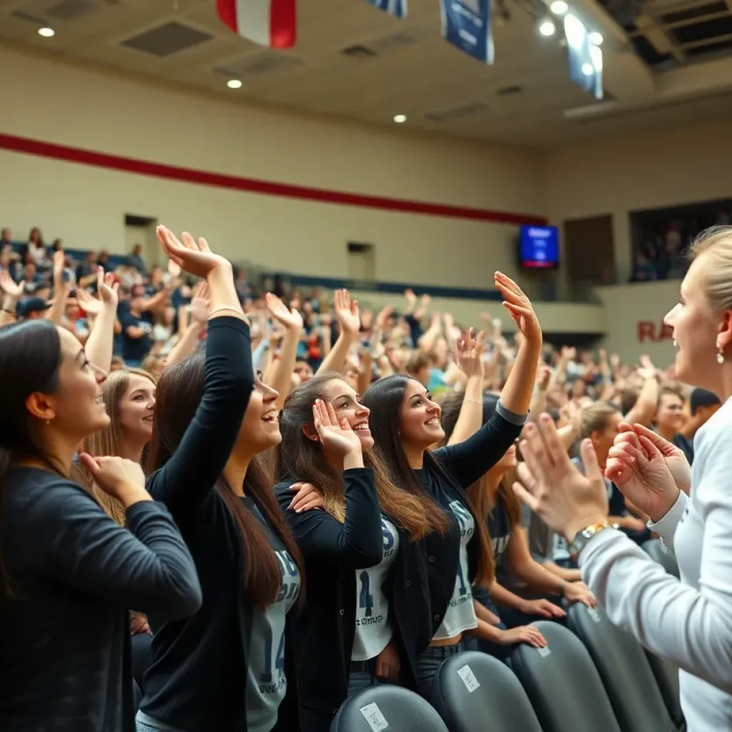 Lander University women's volleyball team celebrating after a victory with fans in a packed arena.