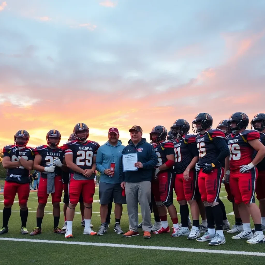 High school football players celebrating with coaches on field