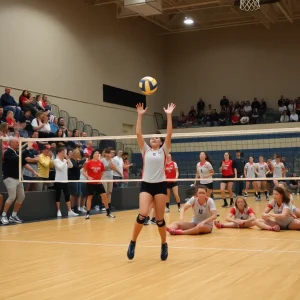 Limestone University volleyball players in action during a match