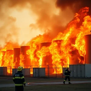 Emergency responders battling a fire at a battery storage facility