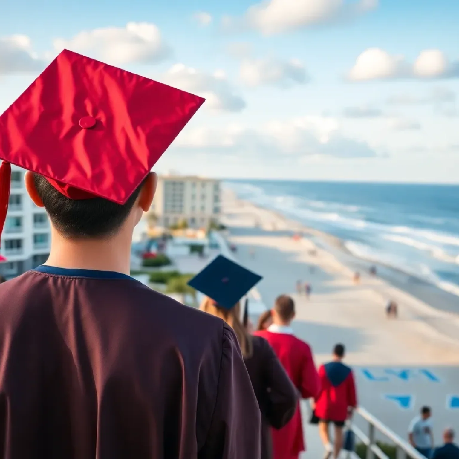 Graduates celebrating on Myrtle Beach with decorations