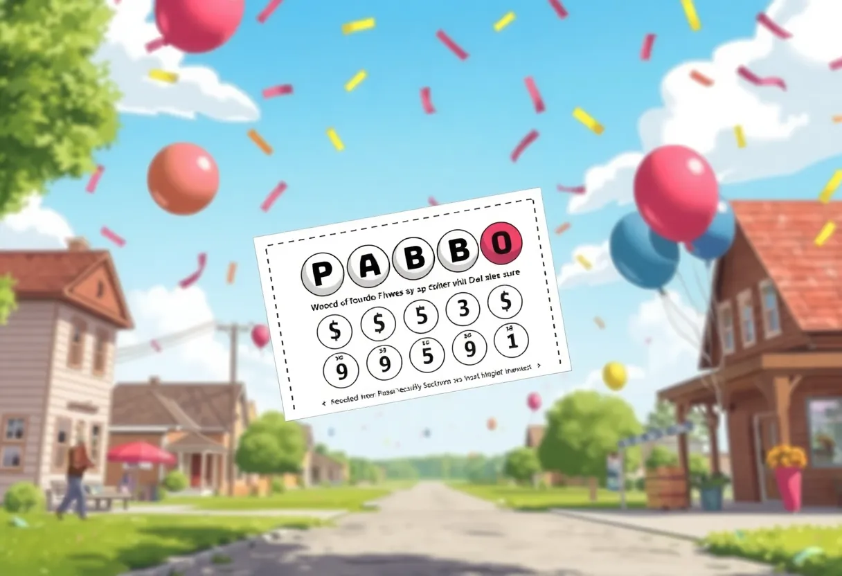 Celebratory scene depicting a Powerball ticket winning in a small town