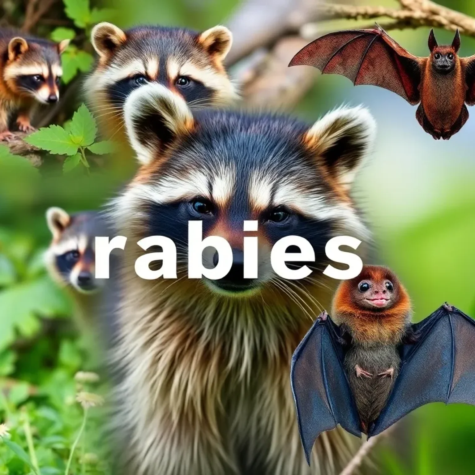 Wildlife display with raccoons and bats in a natural habitat representing rabies risks.