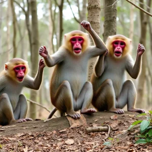 A group of rhesus macaque monkeys playing in the woods.