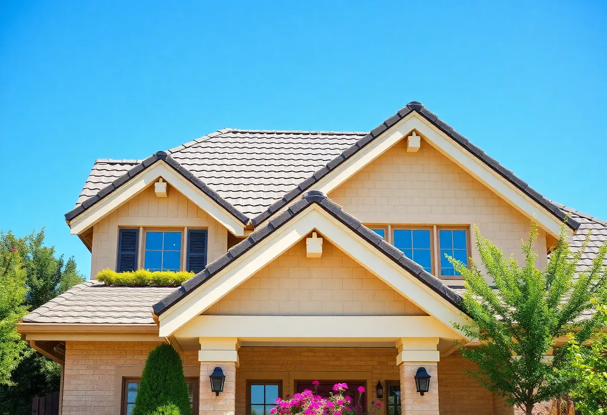 A beautiful house with a well-maintained roof and colorful flowers below