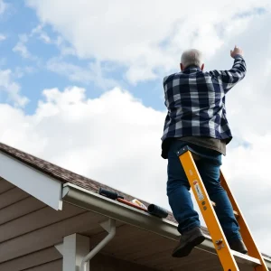 Homeowner on a ladder inspecting roof for storm damage