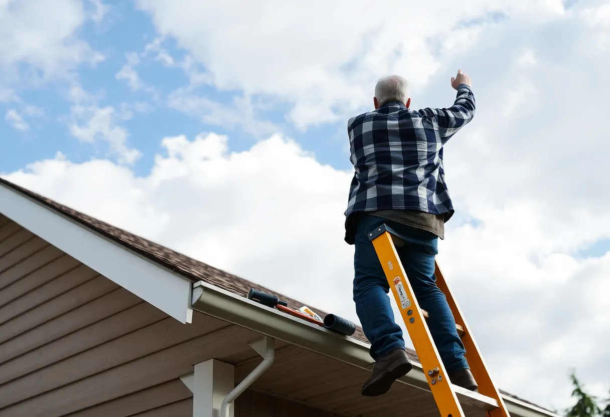 Homeowner on a ladder inspecting roof for storm damage