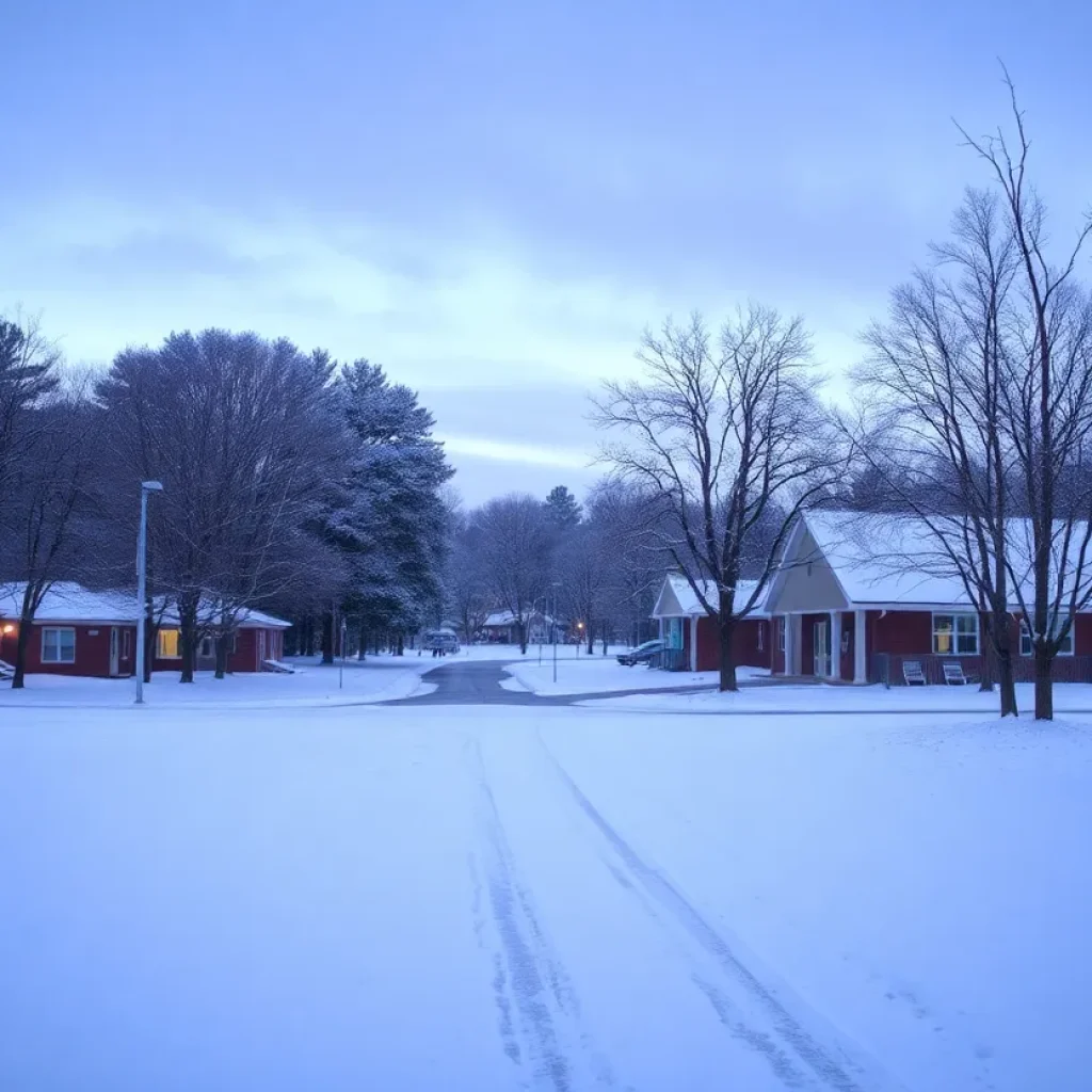 Snow-covered school in Upstate South Carolina during winter.