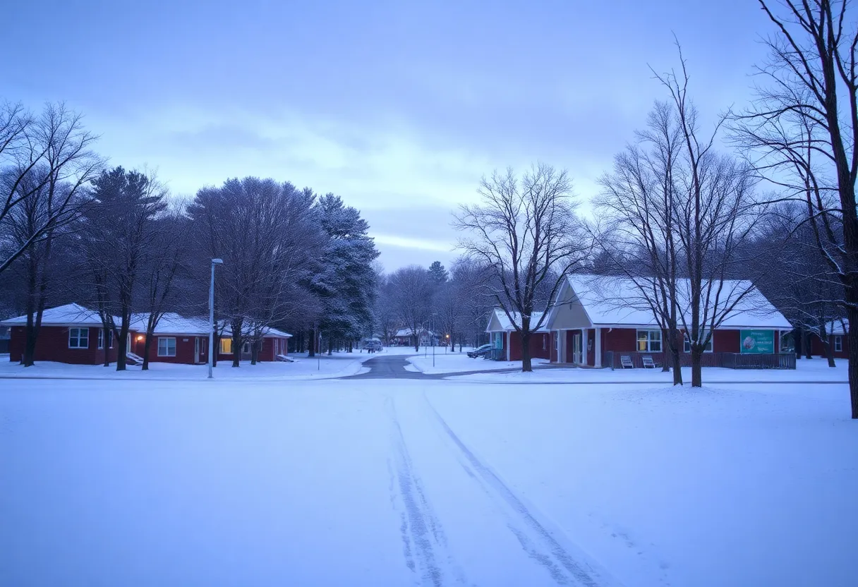 Snow-covered school in Upstate South Carolina during winter.