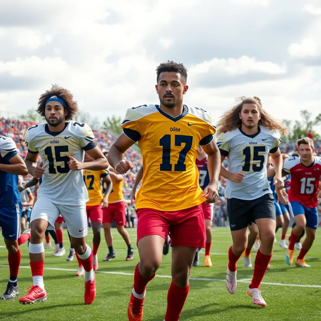 A group of football players celebrating on the field, symbolizing the spirit of the South Carolina Football Hall of Fame.