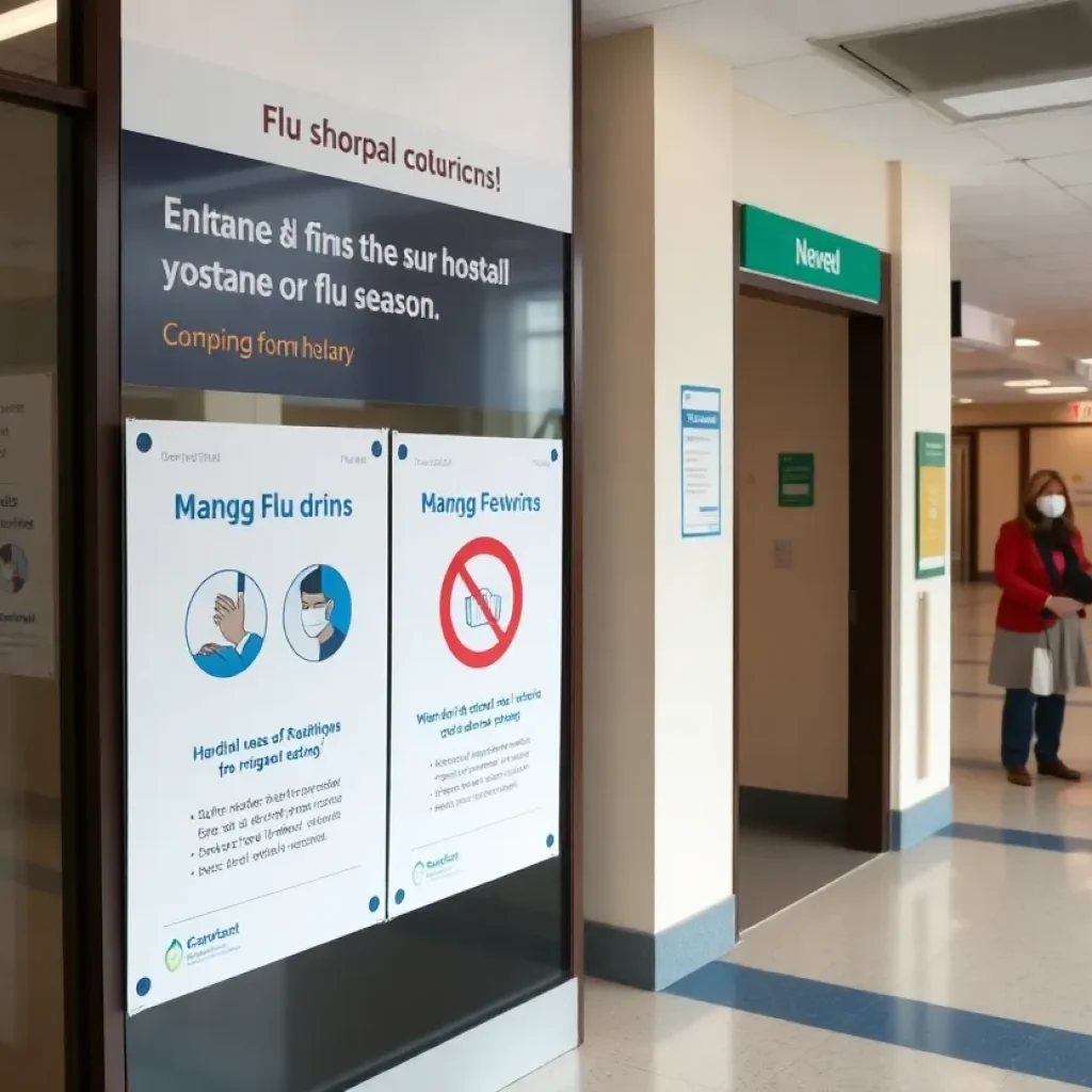 Hospital entrance highlighting flu precautions