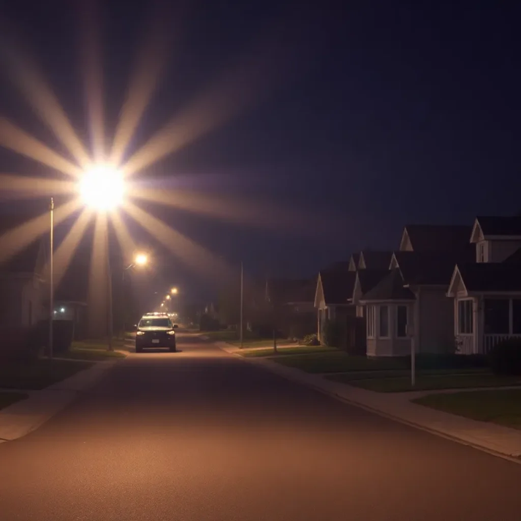 Police lights illuminating a quiet Sumter neighborhood at night