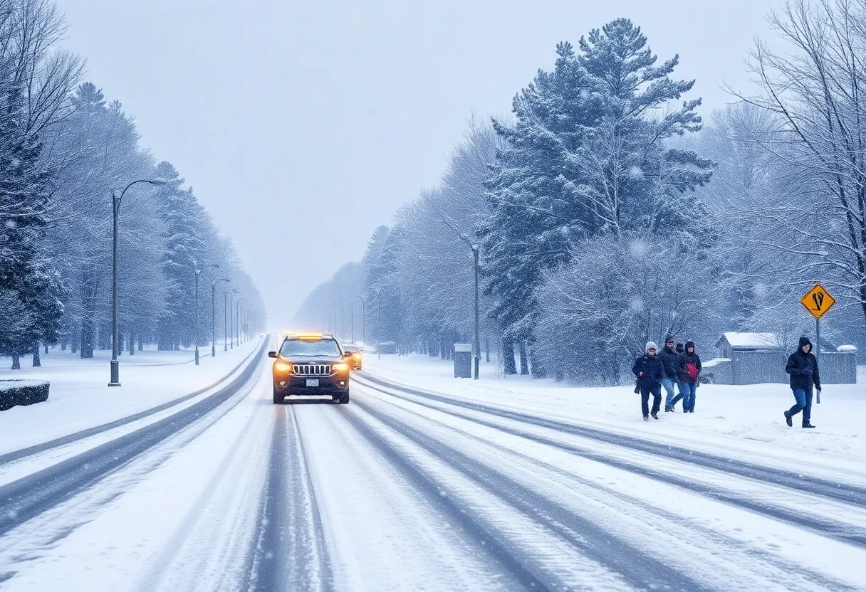 Winter storm affecting South Carolina with snow-covered landscape.