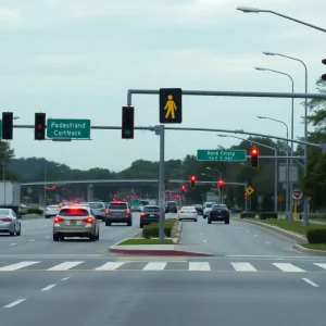 Busy highway intersection highlighting pedestrian safety signs