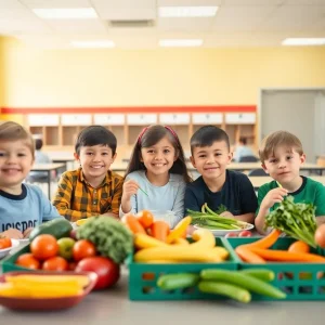 Children in a school cafeteria enjoying nutritious meals.