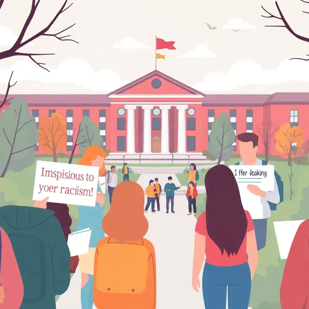 Illustration of students on a university campus uniting against racism