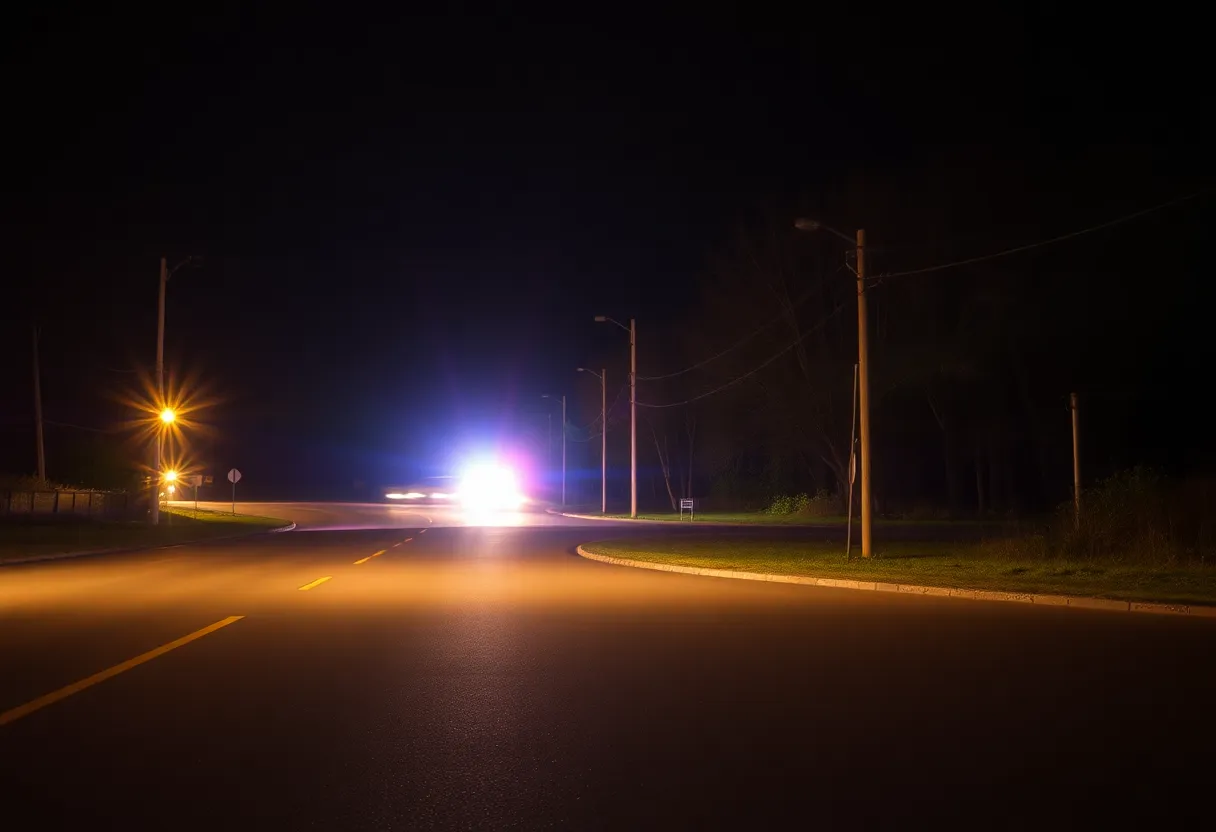 Lights from emergency vehicles illuminating a road intersection at night